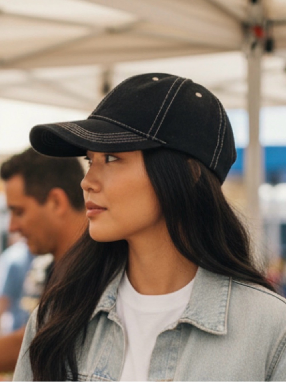 Classic Unisex Black Washed Baseball Cap with White Stitching New without Tags